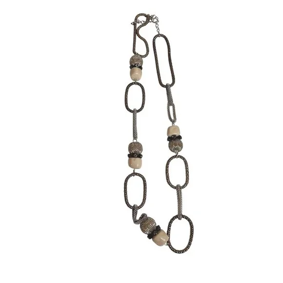 Women Chico's Silver Gold Link Beaded Chunky Rhinestone Statement Necklace  40" - Picture 7 of 8